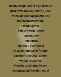 Restauracja Tatarak szuka pracowników!